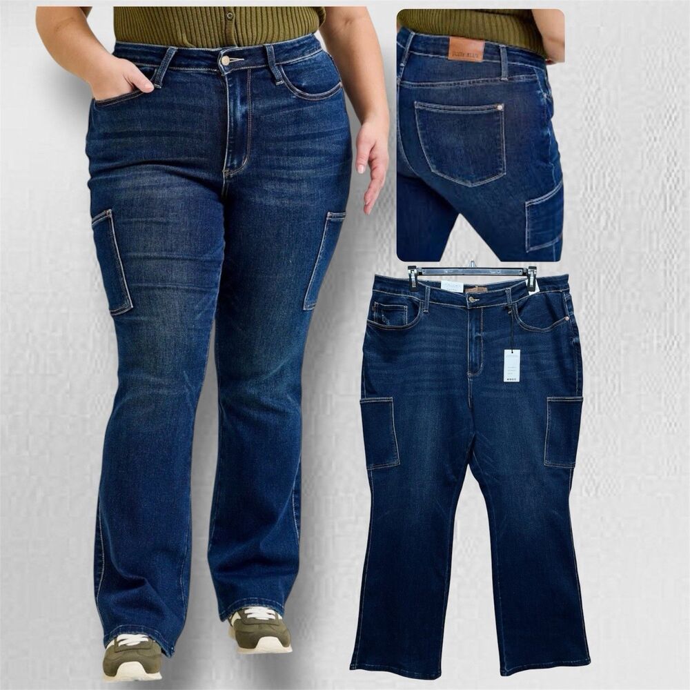 Judy Blue Daisy Bootcut Cargo Pkts Women's Plus Size 24W High Rise Jeans Stretch